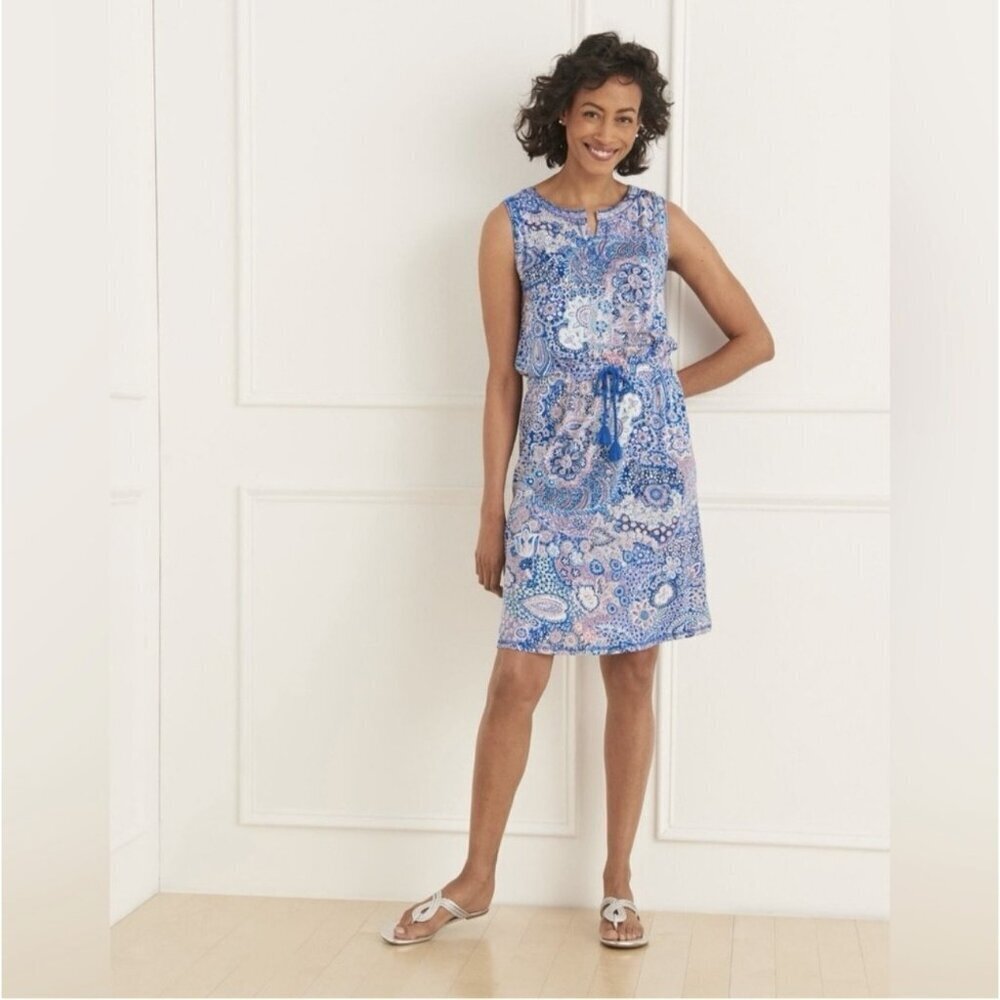 Talbots Blue Pink Paisley Print Jersey Knit Sleeveless Tassel Dress Size MP